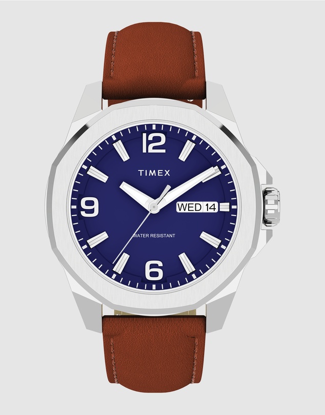 TIMEX - Essex Day & Date 46mm Leather Strap Watch