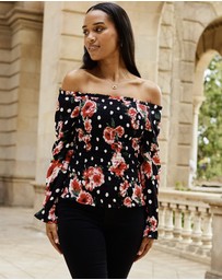 Sosandar - Floral Print Shirred Body Bardot Top