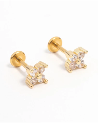 Lovisa - Gold Plated Surgical Steel Cubic Zirconia Mini Flower Flat Back Earrings 2-Pack