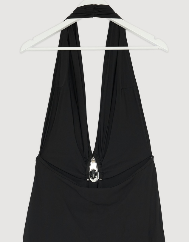 Revibe - Repaired Christopher Esber Crystal Pendant Ruched Lycra Halter Dress - AU 12