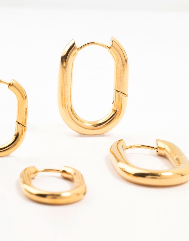 Lovisa - Waterproof Gold Plated Stainless Steel Square Oval Hoop Earrings 2-Pack