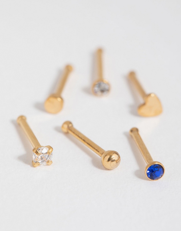 Lovisa - Gold Surgical Steel Heart Diamante Nose Stud 6-Pack