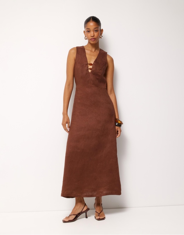 AERE - Cari Bead Detail Linen Midi Dress