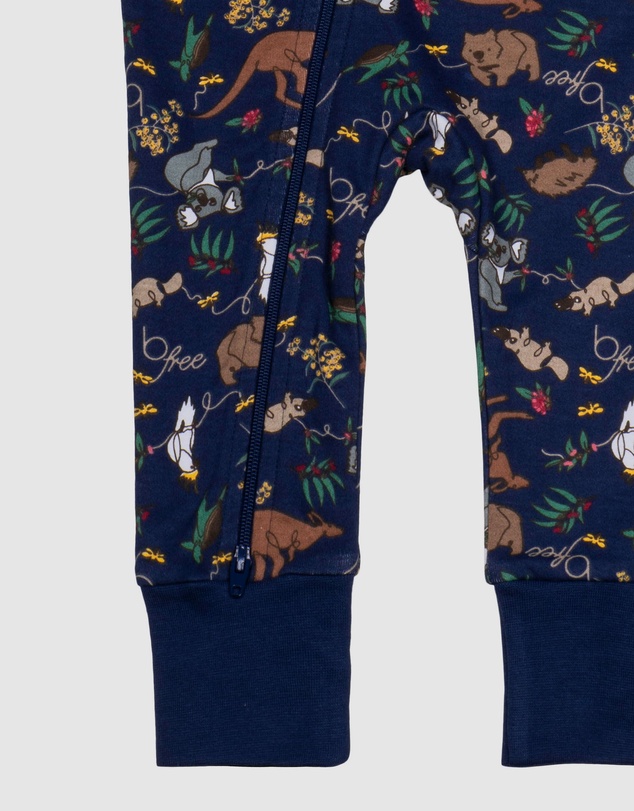 B Free Intimate Apparel - 100% Organic 2-Way Zip Sleepsuit - Baby & Toddler Navy Native Aussie Animals
