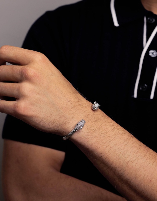 Nialaya Jewellery - Men's Silver CZ Panther Bangle