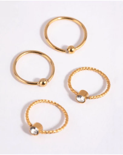 Lovisa - Gold Plated Surgical Steel Textured Diamante Nose Ring 4-Pack