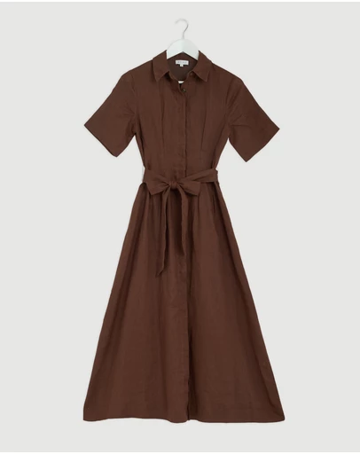 Revibe - Repaired AERE Orien Tuck Waist Linen Shirt Dress - AU 6