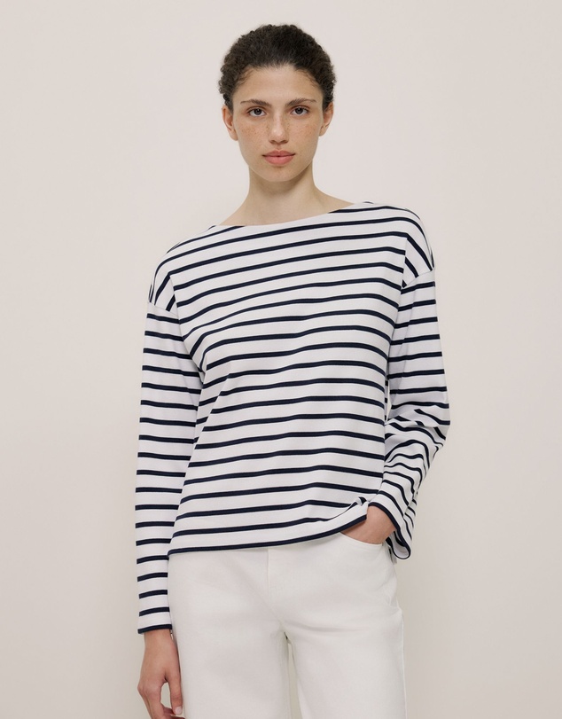Trenery - Australian Cotton Breton Stripe Long Sleeve T-shirt in Night Sky