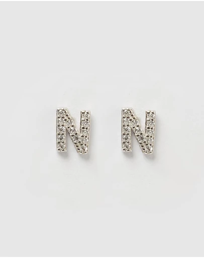 Izoa - Alphabet Mini Letter N Stud Earrings Silver