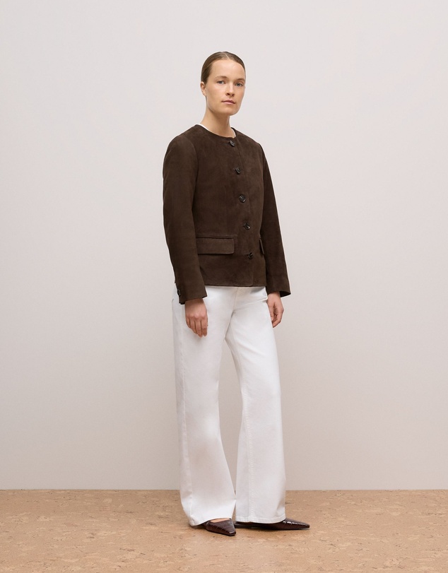 Trenery - Suede Collarless Jacket in Coffee Bean