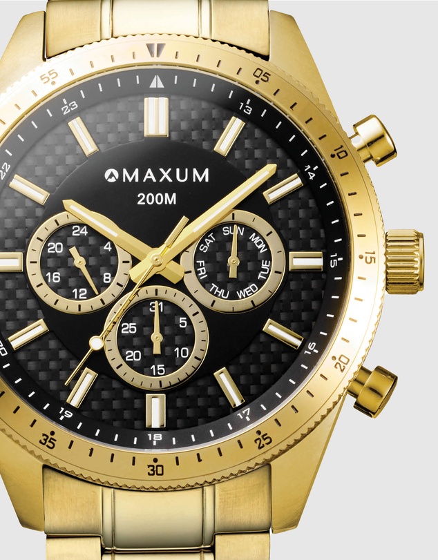 Maxum - Lansdowne Multifunction Chrono Gold Tone Case & Bracelet With Black Dial