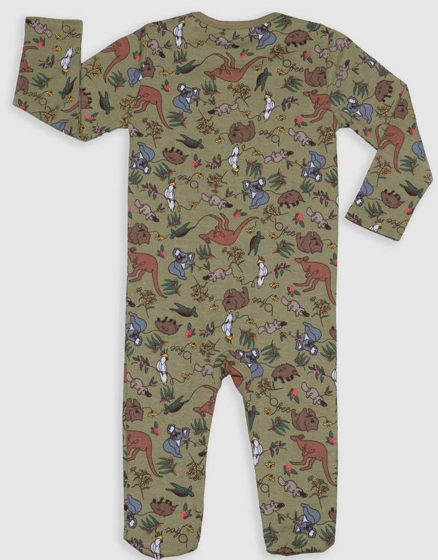 B Free Intimate Apparel - Baby Snap Button Sleepsuit with Booties - 100% Organic Cotton - Khaki Native Aussie Animals