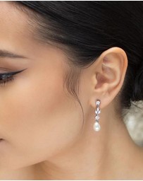 The White Collection - Hazel - Silver Pearl Bridal Drop Earrings