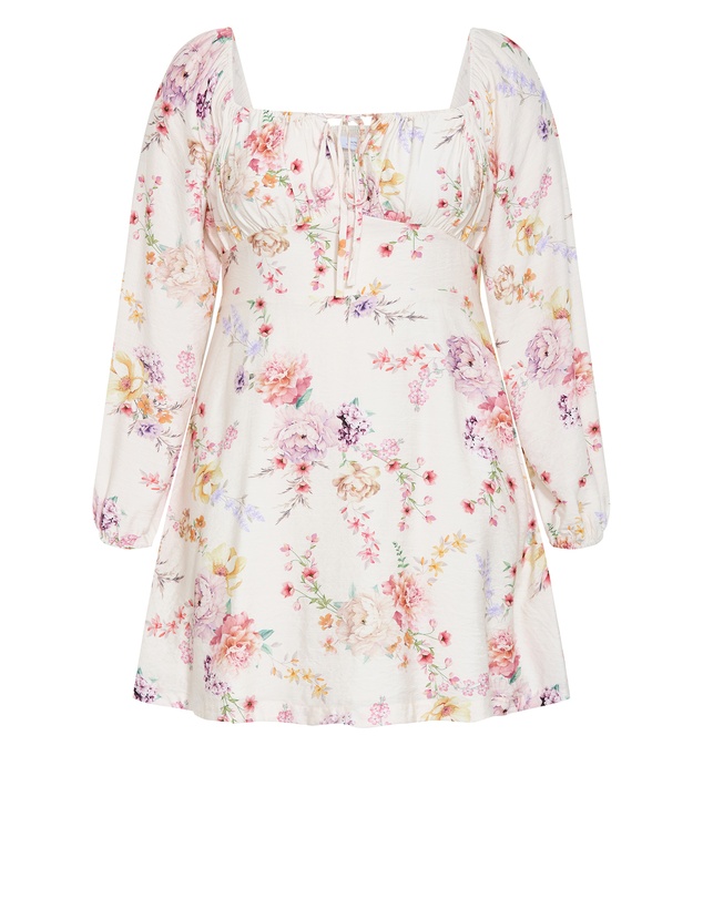 City Chic - Abbie Long Sleeve Floral Print Mini Dress - Ivory