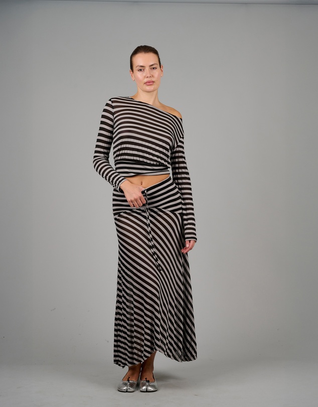 Love and Nostalgia - Alexa Striped Asymmetrical Skirt - Black / Nude