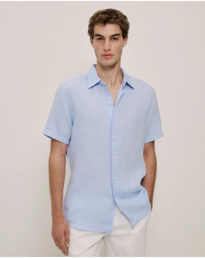 Trenery - Regular Fit Delave Linen Short Sleeve Shirt in Fresh Blue