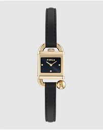 Furla - Mianuvola Square Yellow Gold-Tone Black Leather Strap Watch