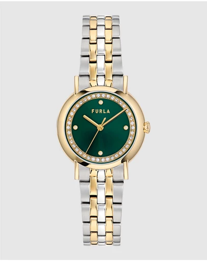 Furla - Heritage Furla 32mm Green Dial with Crystal Ring and Two-Tone Bracelet Watch