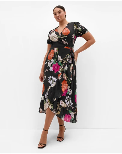 City Chic - Plus size Belle Floral Wrap Dress - black
