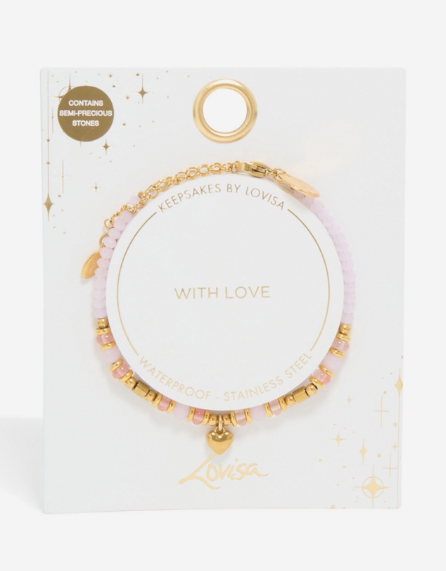 Lovisa - Waterproof Gold Plated Stainless Steel Rose Quartz Semi Precious Mini Heart Bracelet