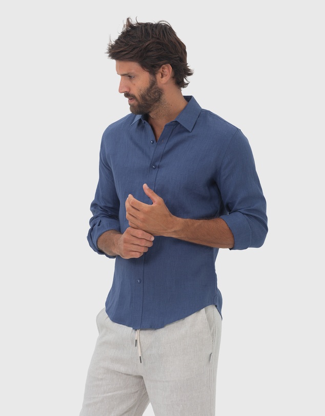 Coast Clothing - Long Sleeve Linen Shirt: Indigo Blue