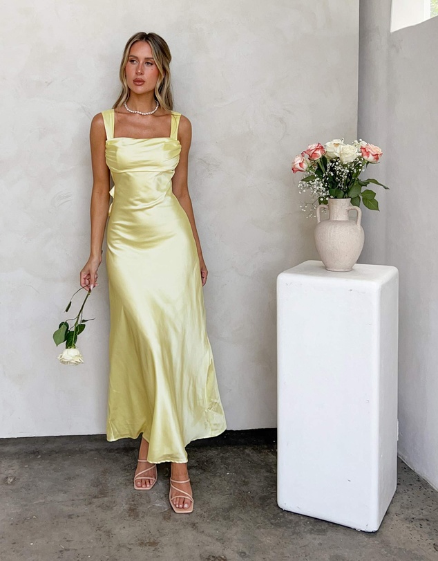 Beginning Boutique - Laria Yellow Satin Formal Maxi Dress