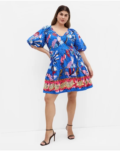 City Chic - Plus size Simona Print Puff Sleeve Mini Dress - blue