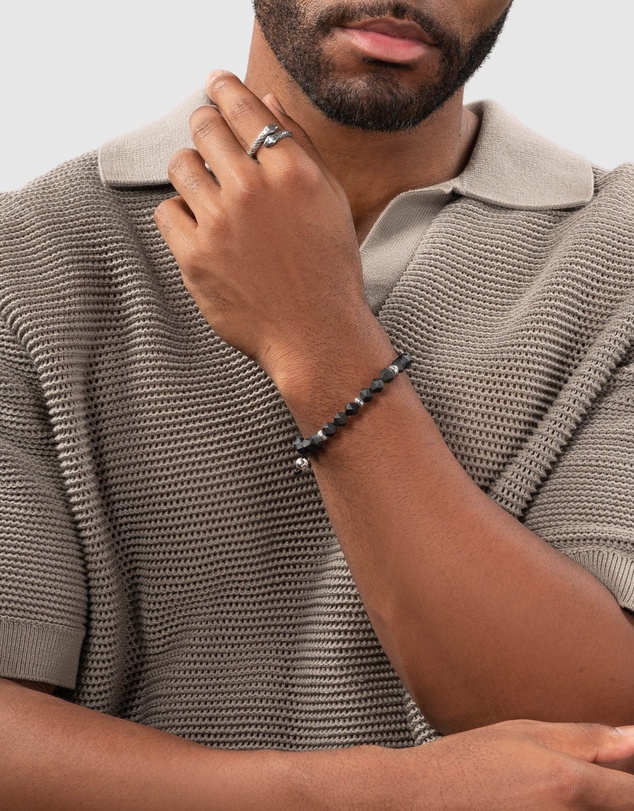 Nialaya Jewellery - Men's Sterling Silver Faceted Beaded Bracelet with Matte Black Onyx