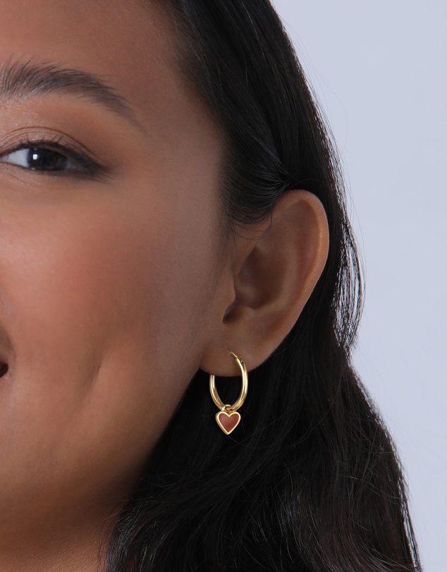 Elli Jewelry - Red Heart Charm Hoop Earrings in Gold-Plated 925 Silver