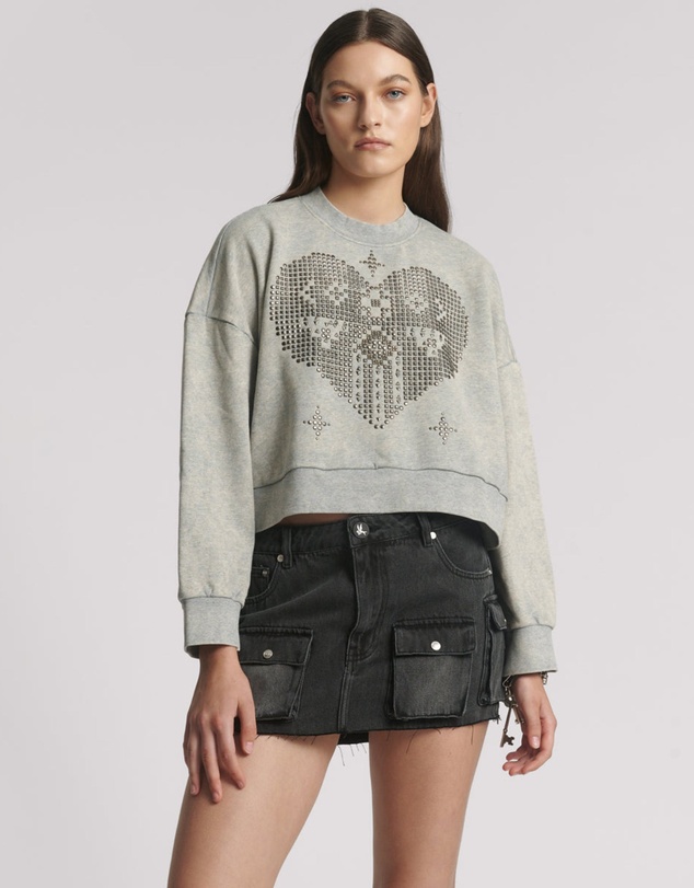 ONE TEASPOON - Studded Heart Grey Cropped Sweater - Grey Marl