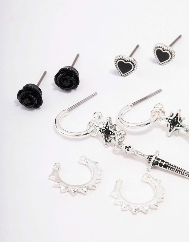 Lovisa - Silver Mixed Heart & Rose Earring 5-Pack