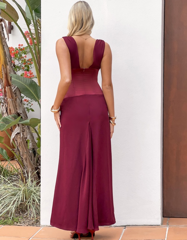 Beginning Boutique - Lara Burgundy Contrast Satin Maxi Dress
