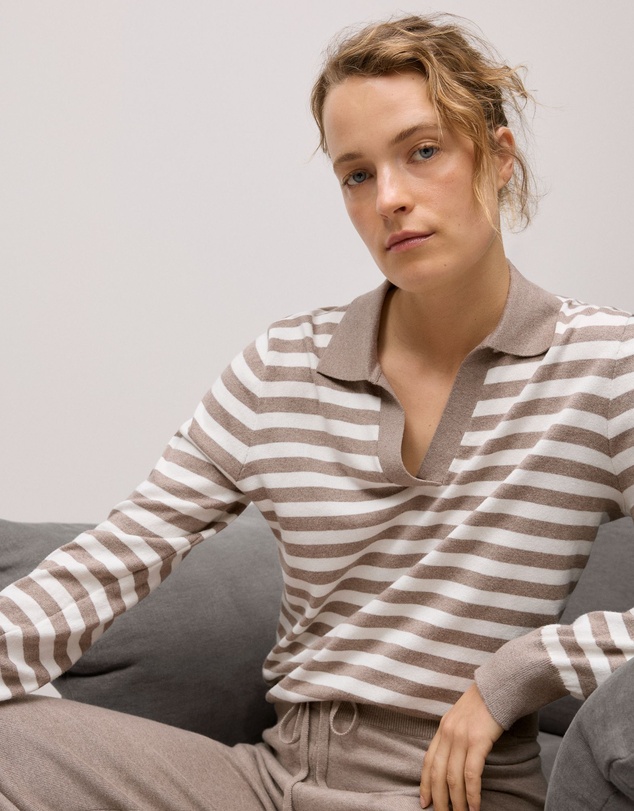 Trenery - Cotton Cashmere Stripe Knit Polo in Cinder