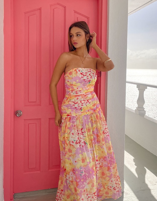 Beginning Boutique - Sinclair Yellow Floral Print Strapless Maxi Dress