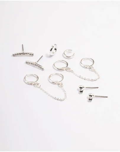 Lovisa - Silver Diamante Huggie Chain Earrings 5-Pack