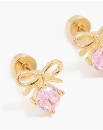 Lovisa - Kids Gold Plated Surgical Steel Pink Cubic Zirconia Bow Flat Back Earrings