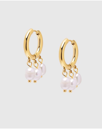 Nialaya Jewellery - Triple Drop Pearl Hoops in Gold