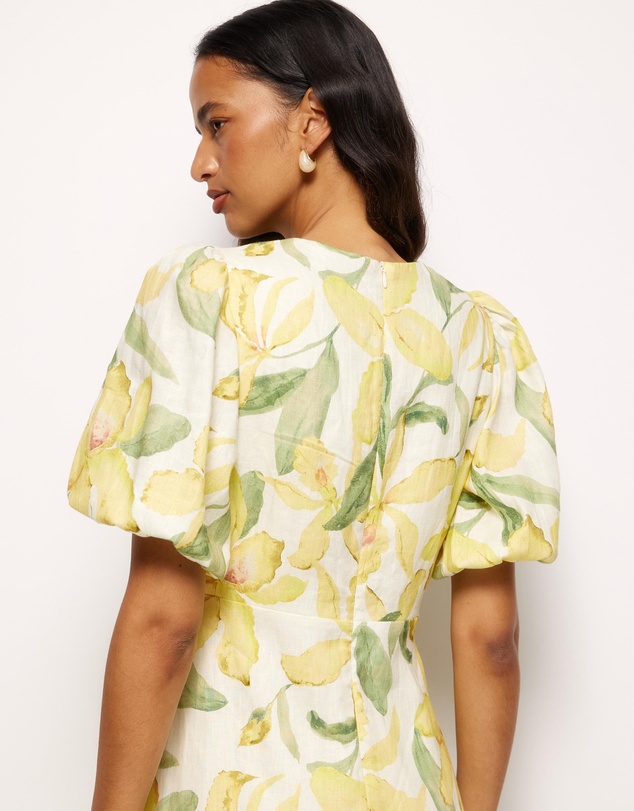 AERE - Clea Linen Puff Sleeve Midi Dress