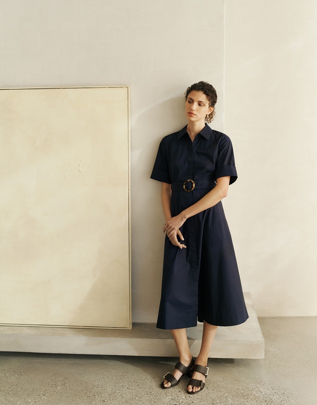 Trenery - Poplin Pleat Detail Short Sleeve Dress in Night Sky