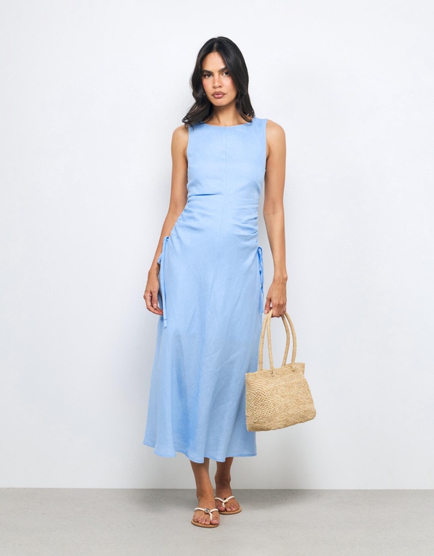 AERE - Orla Boatneck Ruched Waist Linen Midi Dress
