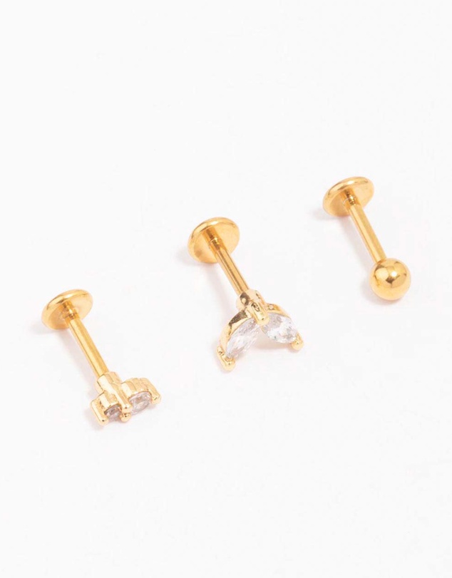 Lovisa - Gold Plated Surgical Steel Cubic Zirconia Double Marquise Flat Back 3-Pack