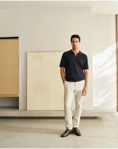 Trenery - Mercerised Diamond Knit Polo in Navy