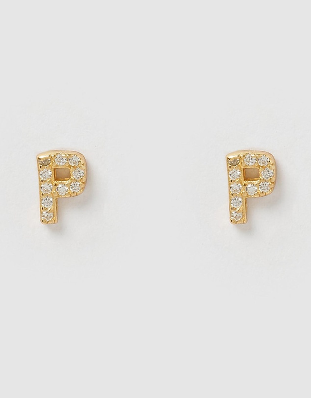 Izoa - Alphabet Mini Letter P Stud Earrings Gold