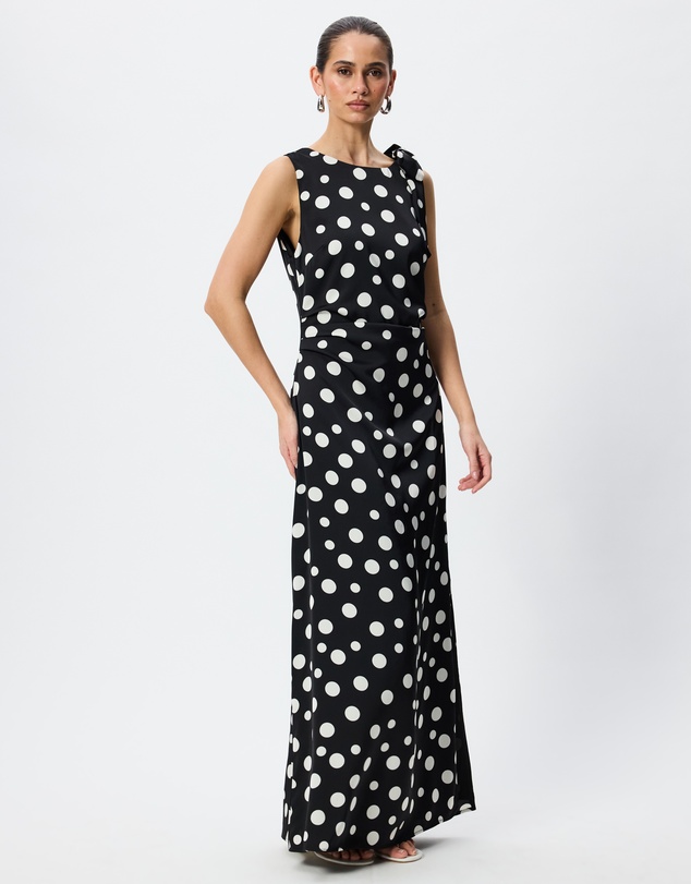 Tussah - Felicity Polka Dot Satin Lace Trim Asymmetric Midi Dress