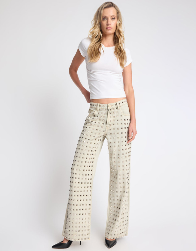 ONE TEASPOON - Jackson Mid Waist Wide Leg Studded Denim Jeans - Antique Khaki