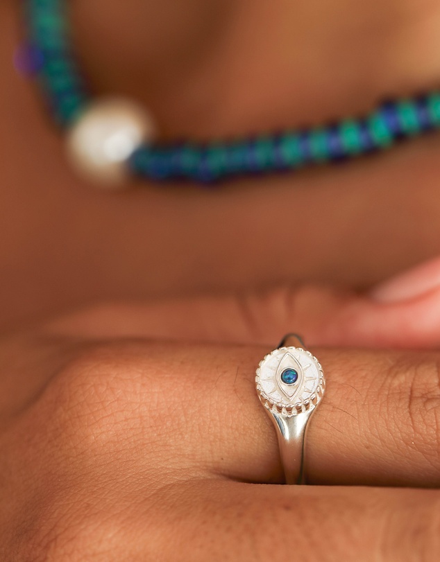 Elli Jewelry - Blue Opal Evil Eye Signet Ring in 925 Silver