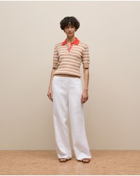Trenery - Cotton Cashmere Stripe Rib Knit Polo in Light Camel