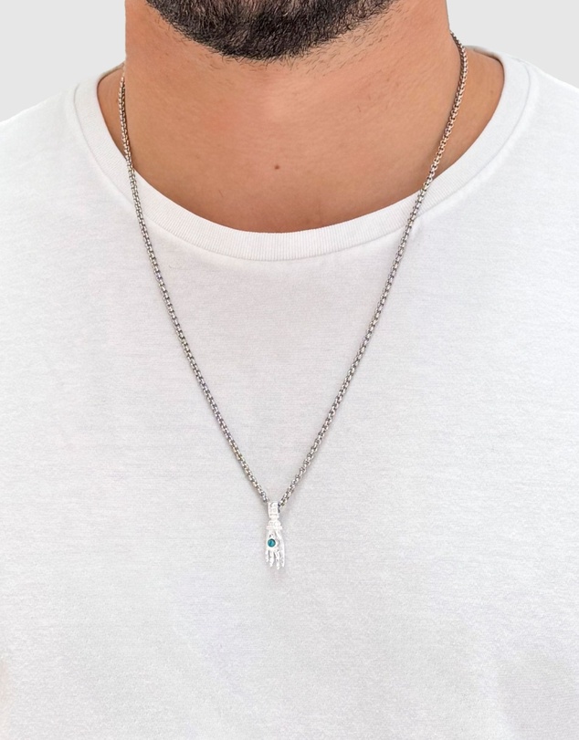 Nialaya Jewellery - Men's Hand Pendant with a Small Turquoise Gemstone in Silver