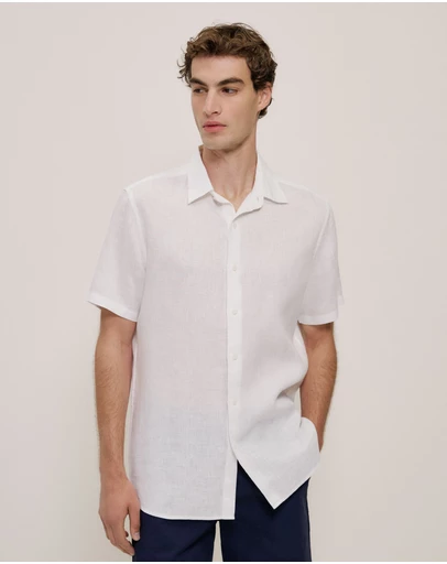 Trenery - Regular Fit Linen Short Sleeve Shirt in White