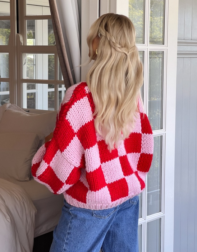 Beginning Boutique - Envi Pink And Red Checkered Knit Cardigan
